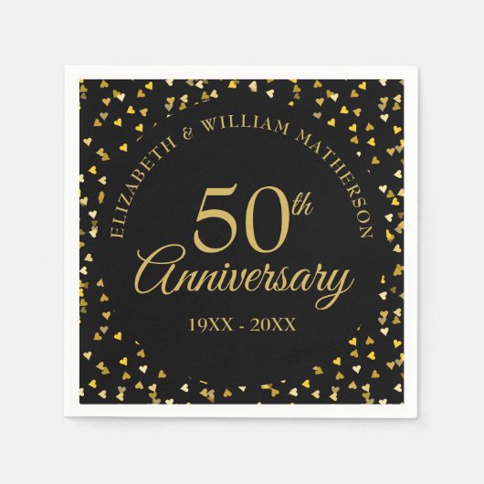 50e Jubileum Black Gold Love Hearts Confetti Servet (Voorkant)