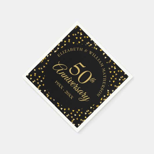 50e Jubileum Black Gold Love Hearts Confetti Servet (Hoek)
