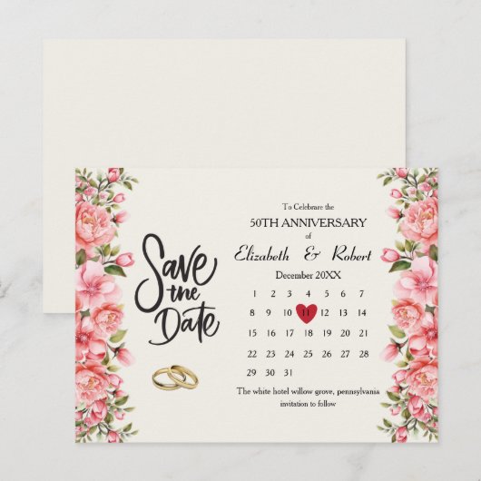 50e Jubileum Bloemen De Datumkalender Aankondigingskaart (Voorkant / Achterkant)