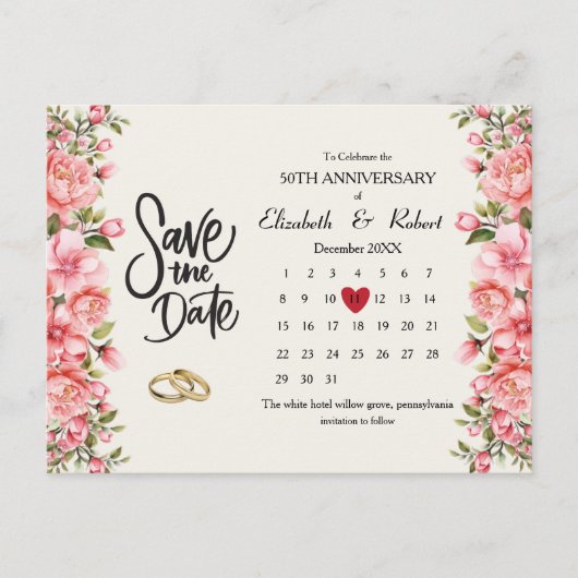 50e Jubileum Bloemen De Datumkalender Aankondigingskaart (Voorkant)