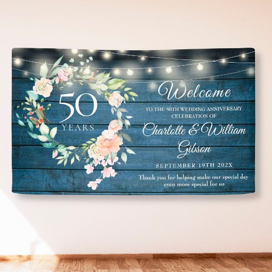 50e Jubileum Blue Rustic Floral Licht Welkom Spandoek