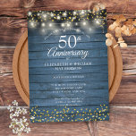 50e Jubileum Blue Rustic Wood Gold Hearts Kaart<br><div class="desc">Met  snaarlichten en delicaat gouden liefde harten confetti op een blauwe,  rustige houten achtergrond. Pas je aan met je speciale 50-jarige gouden verjaardagsinformatie in het teken van het teken. Ontworpen door: Thisnotme©</div>