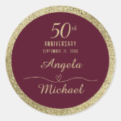 50e Jubileum Bourgondische gouden glitterscript Ronde Sticker (Voorkant)
