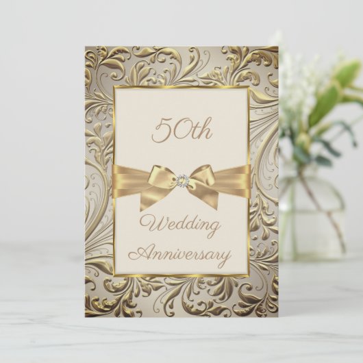 50e Jubileum Bronze Gold Bow Floral Swirl Kaart (Staand voorkant)