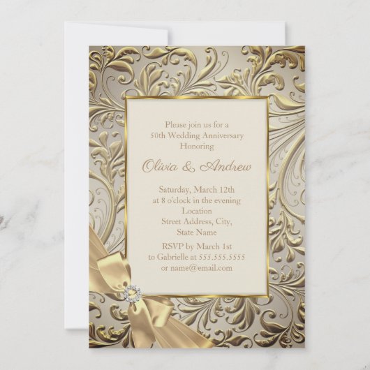 50e Jubileum Bronze Gold Bow Floral Swirl Kaart (Achterkant)