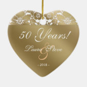 50e Jubileum bruiloft Floral Damask Gold White Keramisch Ornament (Achterkant)