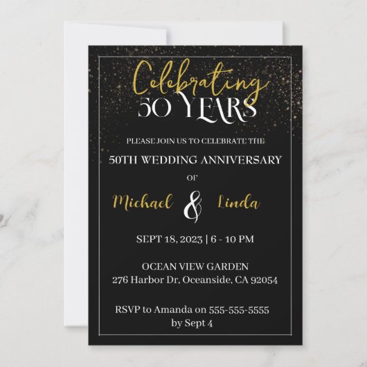 50e Jubileum Bruiloft Zwart Goudgoud Kaart (Voorkant)