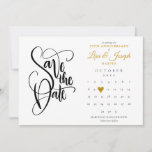 50e Jubileum Calendar Gold Love Heart Save The Date<br><div class="desc">Deze  50e verjaardag met de datumkaart is voorzien van een kalender en een  gouden liefdeshart dat uw speciale datum benadrukt. De achterkant heeft gouden hartketens. Ontworpen door: Thisnotme©</div>