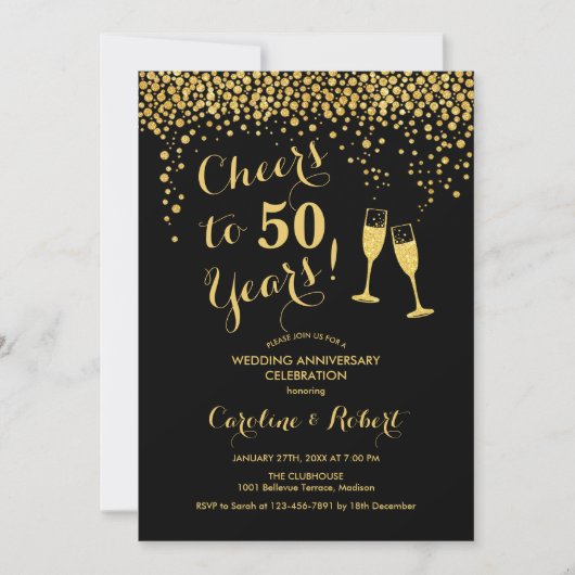 50e Jubileum - Cheers tot 50 jaar Gold Black Kaart (Voorkant)