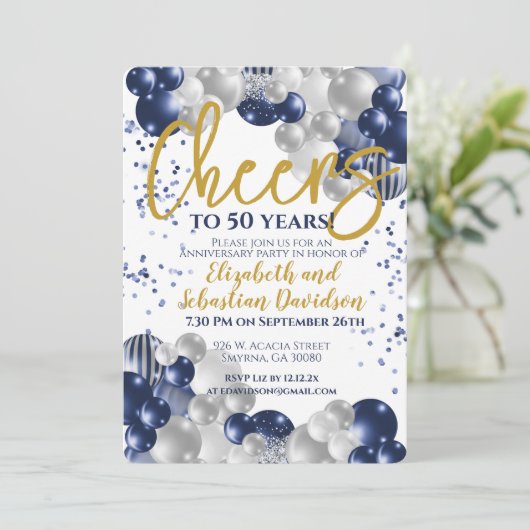 50e Jubileum Cheers tot 50 jaar Navy Gold Kaart (Staand voorkant)