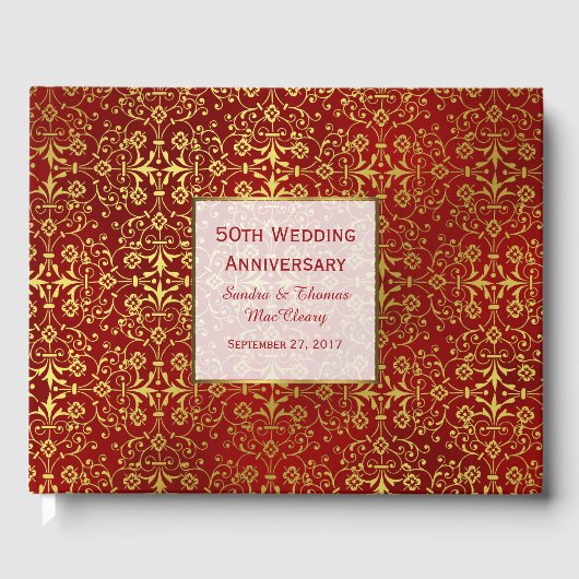50e Jubileum Chic Red en Gold Guest Book Gastenboek (Voorkant)