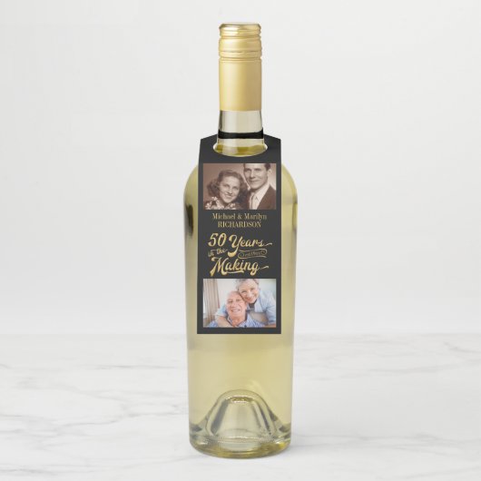 50e Jubileum Dan en nu Foto's zwart en goud Flessenhanger (Op fles)