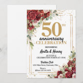 50e Jubileum Deep Red & Gold Lijst Rozen Kaart (Voorkant / Achterkant)