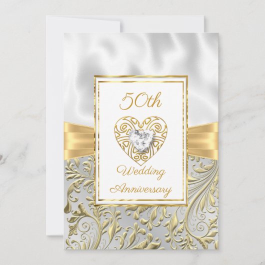 50e Jubileum diamant Heart Gold Bow Floral Kaart (Voorkant)