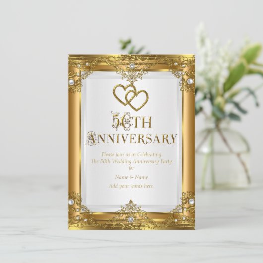 50e Jubileum Elegant Gold White Pearl Golden Kaart (Staand voorkant)