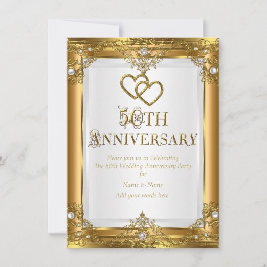 50e Jubileum Elegant Gold White Pearl Golden Kaart (Voorkant)