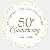 50e Jubileum Elegant Golden Hearts Confetti Ronde Sticker (Voorkant)