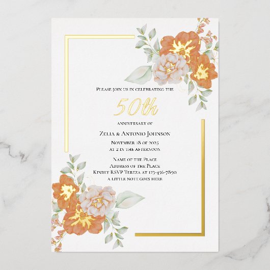 50e Jubileum Floral Wreath Folie Uitnodiging (Voorkant)