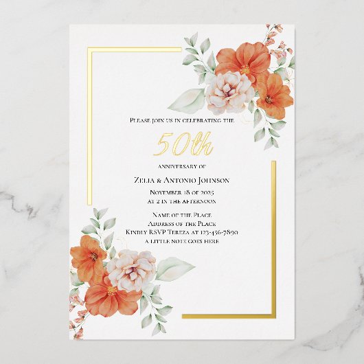 50e Jubileum Floral Wreath Folie Uitnodiging (Voorkant)