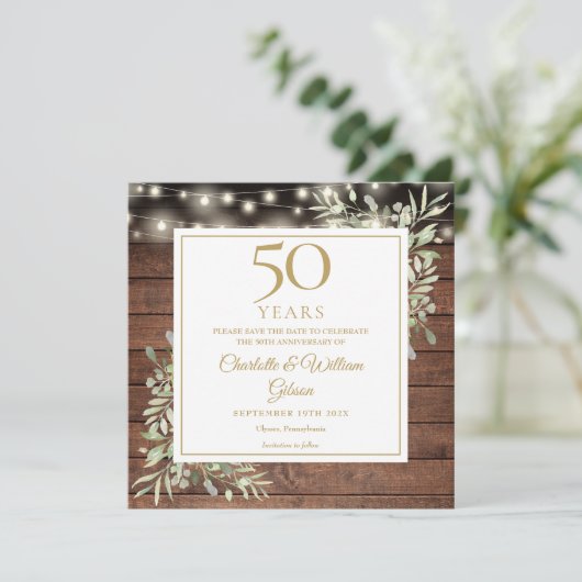 50e Jubileum Foliage Rustic Wood Lights Square Save The Date (Staand voorkant)