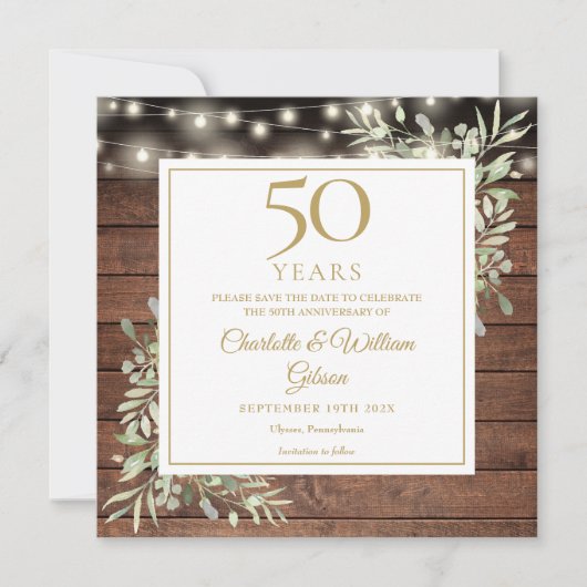 50e Jubileum Foliage Rustic Wood Lights Square Save The Date (Voorkant)