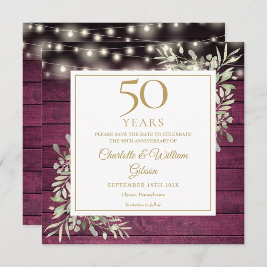 50e Jubileum Foliage Rustieke Rood Houten Lichten Save The Date (Voorkant / Achterkant)