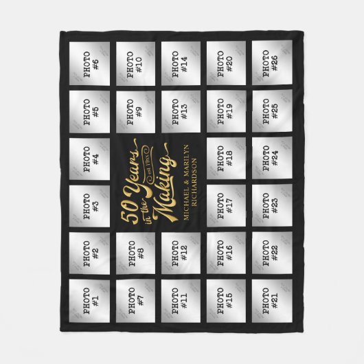 50e Jubileum Foto Collage Black Gold Name Fleece Deken (Voorkant)