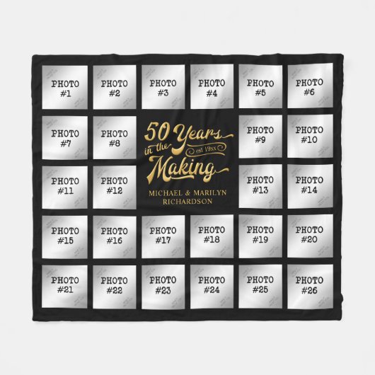 50e Jubileum Foto Collage Black Gold Name Fleece Deken (Voorkant (Horizontaal))