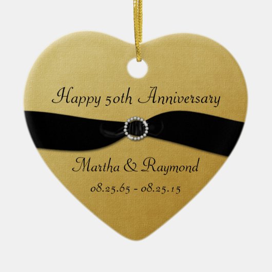 50e Jubileum Foto Gold Black Ribbon Diamonds Keramisch Ornament (Voorkant)