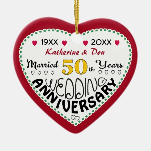 50e Jubileum Gift Hart Vormgegeven Kerst Keramisch Ornament (Voorkant)