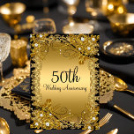 50e Jubileum Gold Black Diamond Floral Swirl Kaart<br><div class="desc">Uitnodiging voor 50ste Jubileum bruiloft. Elegante diamantbloemen en zwarte zwijn. Let op: alle platte afbeeldingen! Ze hebben geen echte juwelen!</div>