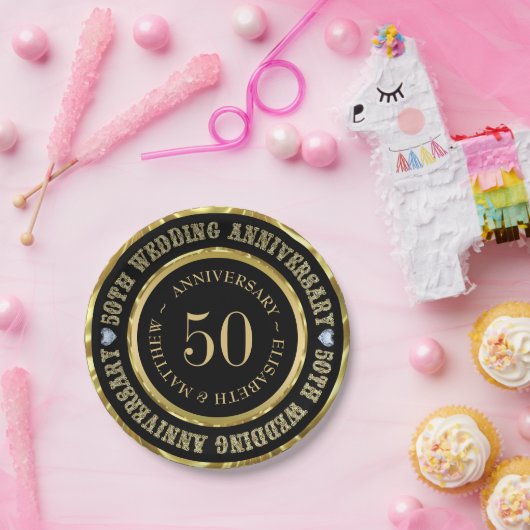 50e Jubileum Gold & Black White Diamonds Dinne Papieren Bordje (Feest)