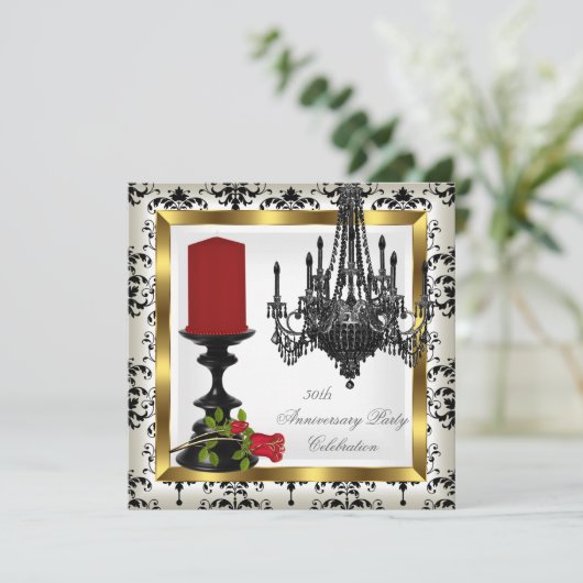 50e Jubileum Gold Chandelier Red Rose Candle Kaart (Staand voorkant)