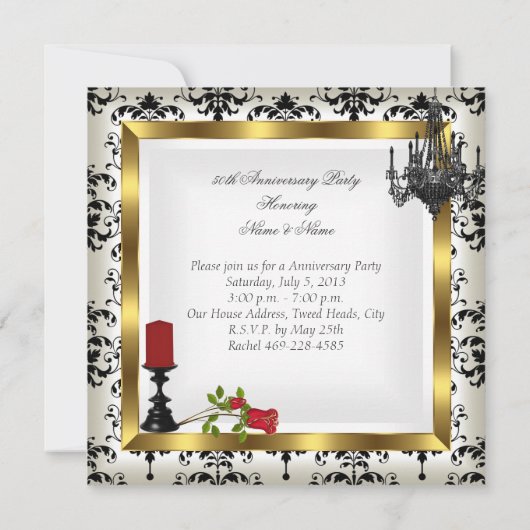 50e Jubileum Gold Chandelier Red Rose Candle Kaart (Achterkant)