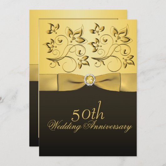 50e Jubileum Gold en zwarte Floral joweld Kaart (Voorkant / Achterkant)
