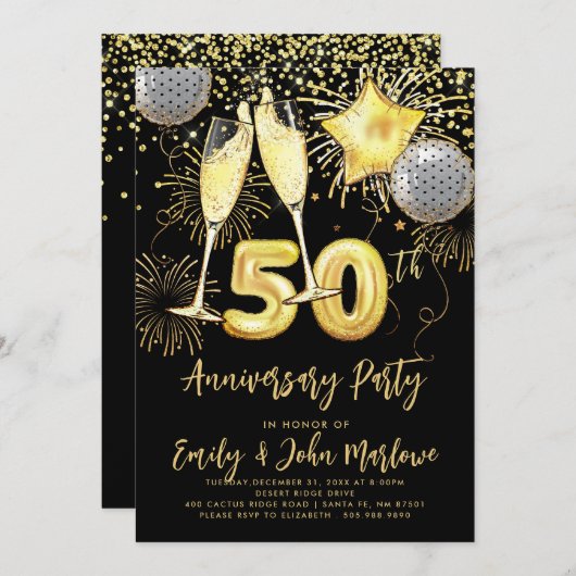 50e Jubileum Gold Glitter Confetti Champagne Kaart (Voorkant / Achterkant)