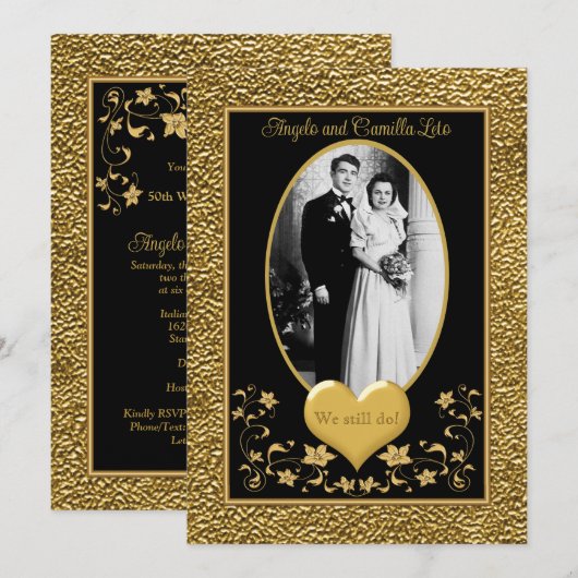 50e Jubileum, Gold Heart Invitation 2 - Zwart Kaart (Voorkant / Achterkant)