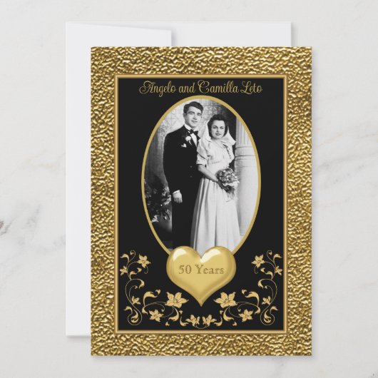50e Jubileum, Gold Heart Invitation - Zwart Kaart (Voorkant)