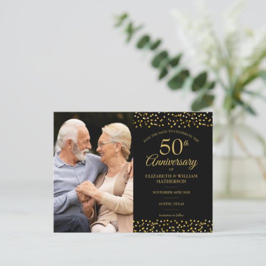 50e Jubileum Gold Hearts 2 Foto Opslaan datum Aankondigingskaart (Staand voorkant)