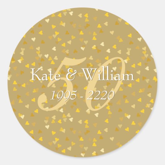 50e Jubileum Gold Hearts Confetti Ronde Sticker (Voorkant)