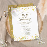 50e Jubileum Gold Hearts Confetti Uitnodiging Briefkaart<br><div class="desc">Met delicate gouden liefde harten confetti. Pas je aan met je speciale gouden verjaardagsinformatie van 50 jaar in de goudbeker. Ontworpen door: Thisnotme©</div>