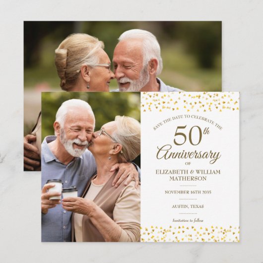 50e Jubileum Gold Hearts Save the Date 2 Photo Aankondigingskaart (Voorkant / Achterkant)