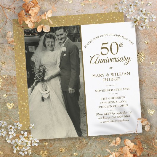 50e Jubileum Gold Hearts Wedding Photo Square Kaart