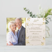 50e Jubileum Gold Leaves Uitnodiging tot weddensch (Staand voorkant)