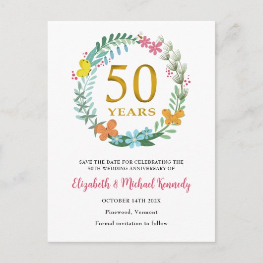 50e Jubileum Golden Floral Save the Date Aankondigingskaart (Voorkant)