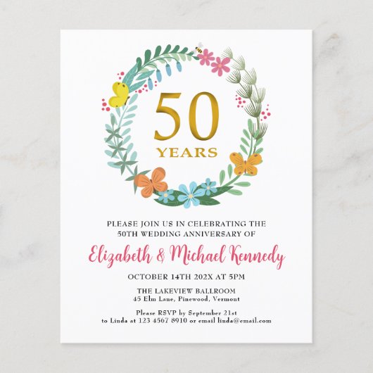 50e Jubileum Golden Floral Wreath Invitation (Voorkant)