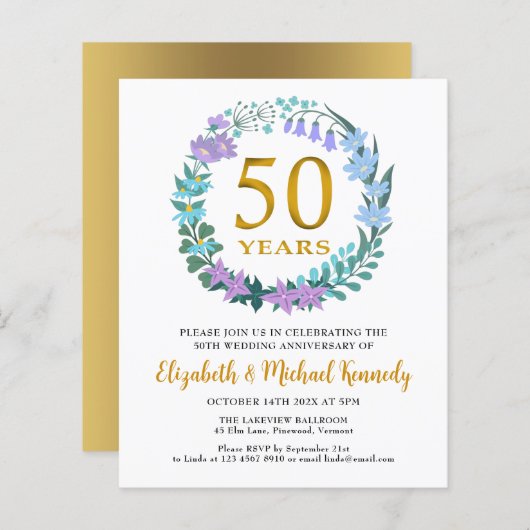 50e Jubileum Golden Floral Wreath Invitation (Voorkant / Achterkant)