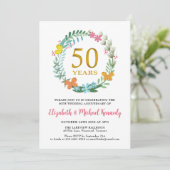 50e Jubileum Golden Floral Wreath Invitation Kaart (Staand voorkant)