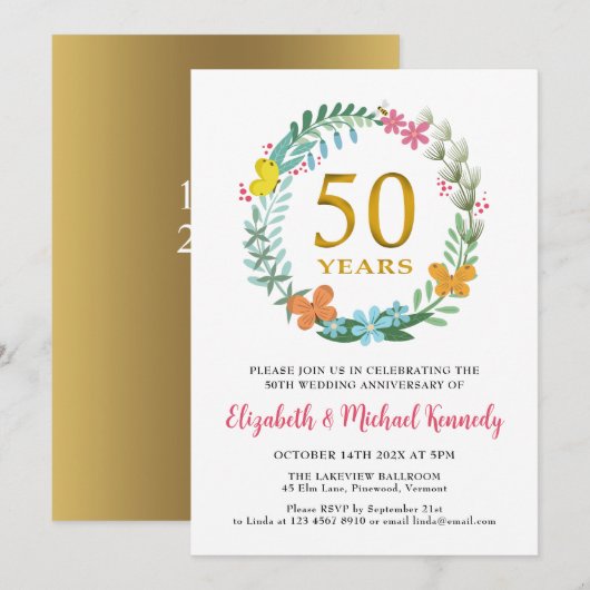 50e Jubileum Golden Floral Wreath Invitation Kaart (Voorkant / Achterkant)