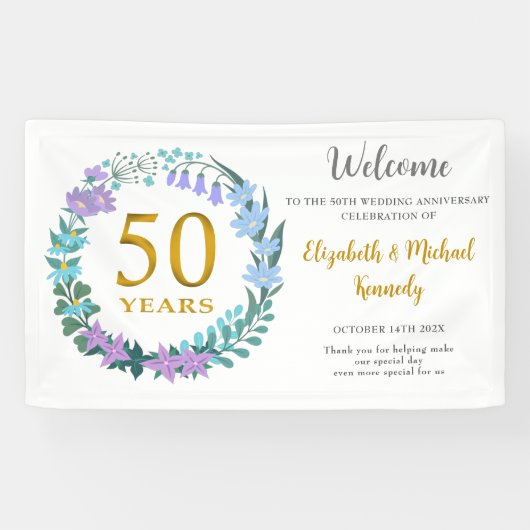 50e Jubileum Golden Floral Wreath Wedding Spandoek (Horizontaal)
